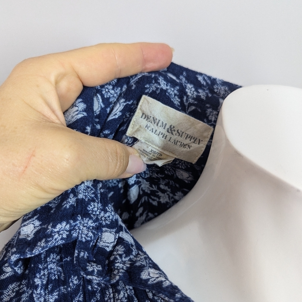 Denim & Supply Ralph Lauren Navy Floral Blouse XS Boho Tunic Top Long Sleeve Vis - Picture 7 of 8